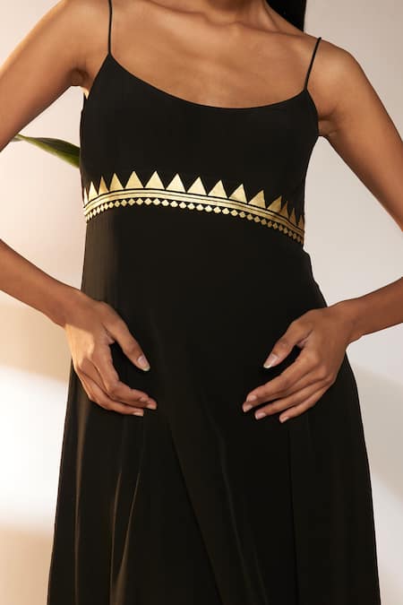 Shop_Masaba_Black Crepe, Silk Foil Printing Scoop Neck Border Backless Dress_Online_at_Aza_Fashions