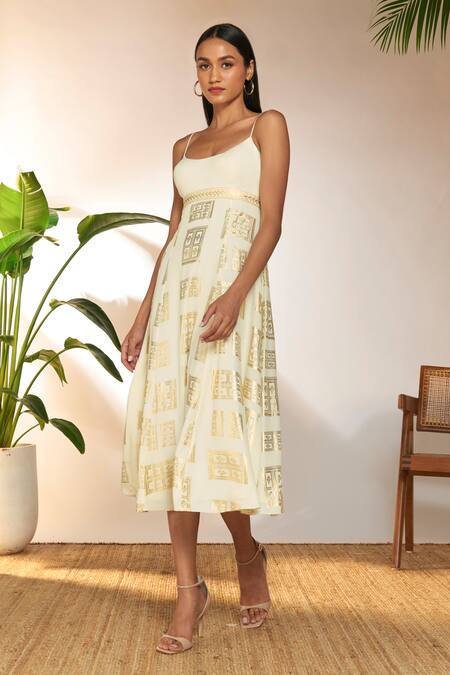 Buy_Masaba_Ivory Crepe, Silk Foil Printing Scoop Neck Open Door Backless Dress_Online_at_Aza_Fashions