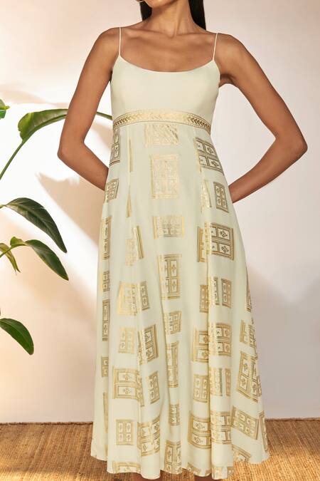 Shop_Masaba_Ivory Crepe, Silk Foil Printing Scoop Neck Open Door Backless Dress_Online_at_Aza_Fashions