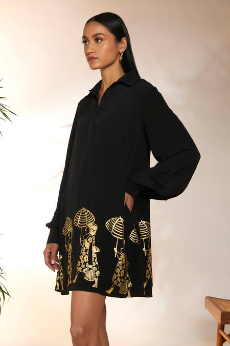 Masaba Black Crepe, Silk Foil Printing Collared Sunny Days Placement Dress at Aza Fashions Masaba_Black Crepe, Silk Foil Printing Collared Sunny Days Placement Dress_at_Aza_Fashions