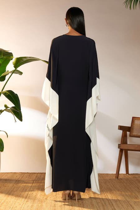 Shop Masaba Black Viscose, Crepe Embroidery V-neck Slogan Print Kaftan at Aza Fashions Shop_Masaba_Black Viscose, Crepe Embroidery V-neck Slogan Print Kaftan_at_Aza_Fashions