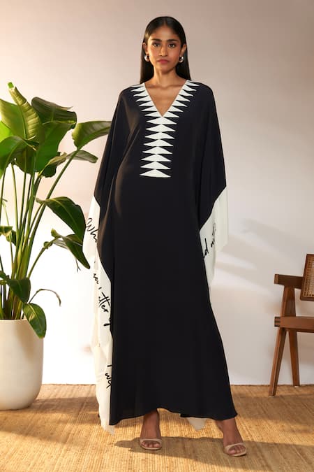 Masaba Black Viscose, Crepe Embroidery V-neck Slogan Print Kaftan Online at Aza Fashions Masaba_Black Viscose, Crepe Embroidery V-neck Slogan Print Kaftan_Online_at_Aza_Fashions