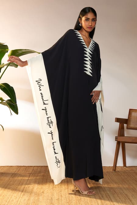 Masaba Black Viscose, Crepe Embroidery V-neck Slogan Print Kaftan at Aza Fashions Masaba_Black Viscose, Crepe Embroidery V-neck Slogan Print Kaftan_at_Aza_Fashions