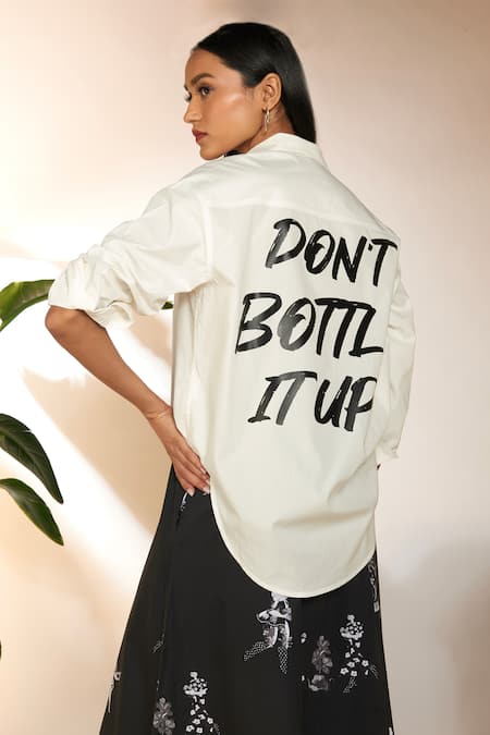 Masaba_White Cotton Collared Dont Bottle It Up Slogan Print Shirt _at_Aza_Fashions