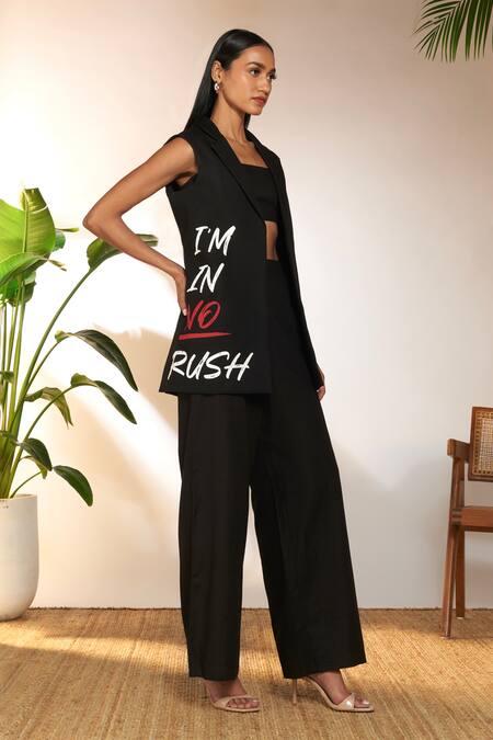 Masaba Black Cotton, Linen Embroidery Open Neck Im In No Rush Slogan Print Blazer Online at Aza Fashions Masaba_Black Cotton, Linen Embroidery Open Neck Im In No Rush Slogan Print Blazer_Online_at_Aza_Fashions