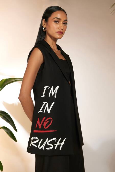Shop Masaba Black Cotton, Linen Embroidery Open Neck Im In No Rush Slogan Print Blazer Online at Aza Fashions Shop_Masaba_Black Cotton, Linen Embroidery Open Neck Im In No Rush Slogan Print Blazer_Online_at_Aza_Fashions