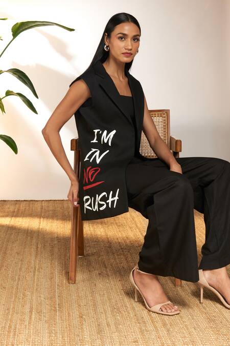Masaba Black Cotton, Linen Embroidery Open Neck Im In No Rush Slogan Print Blazer at Aza Fashions Masaba_Black Cotton, Linen Embroidery Open Neck Im In No Rush Slogan Print Blazer_at_Aza_Fashions