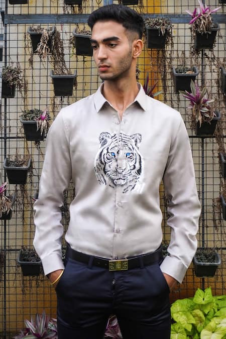 Avalipt Grey Cotton Blend Handpainted Tiger Daniel Shirt 