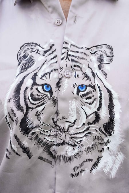 Avalipt_Grey Cotton Blend Handpainted Tiger Daniel Shirt_Online_at_Aza_Fashions