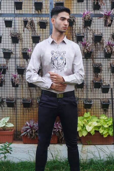 Buy_Avalipt_Grey Cotton Blend Handpainted Tiger Daniel Shirt_Online_at_Aza_Fashions