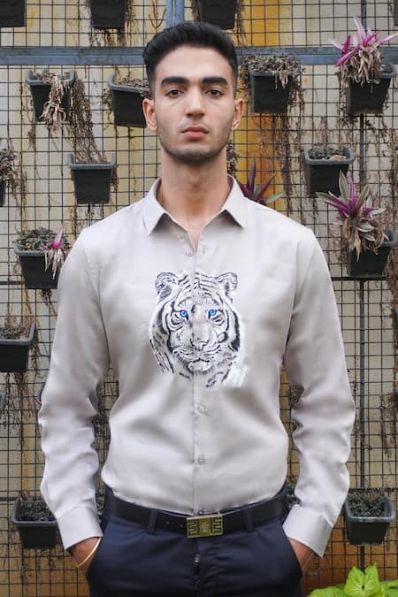 Shop_Avalipt_Grey Cotton Blend Handpainted Tiger Daniel Shirt_Online_at_Aza_Fashions