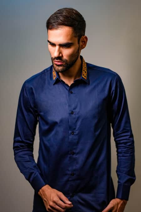 Avalipt Blue Cotton Blend Handpainted Geometric Debonair Placed Pattern Shirt 