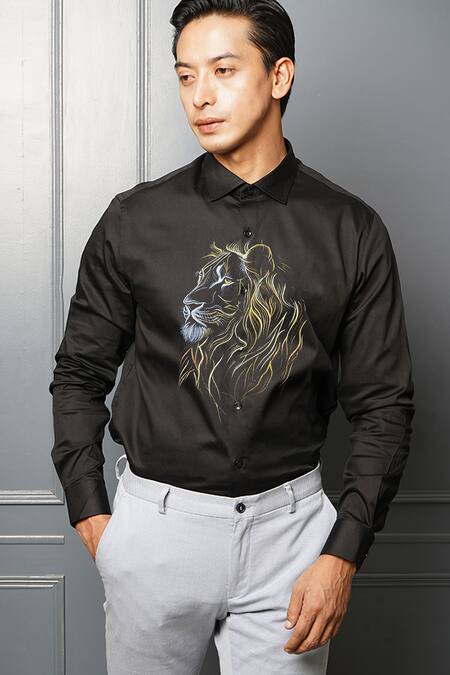 Avalipt_Black Cotton Blend Handpainted Lion Fierce Shirt_Online_at_Aza_Fashions
