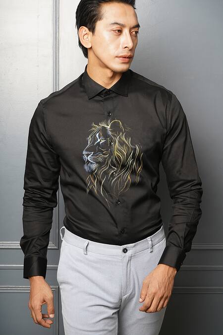 Shop_Avalipt_Black Cotton Blend Handpainted Lion Fierce Shirt_Online_at_Aza_Fashions