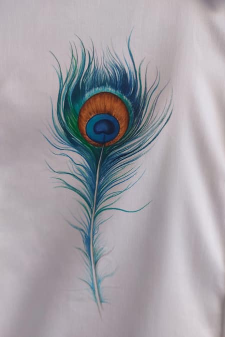 Avalipt_White Cotton Blend Handpainted Mor Pankh Placement Shirt_Online_at_Aza_Fashions