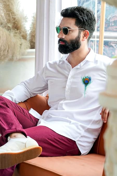 Buy_Avalipt_White Cotton Blend Handpainted Mor Pankh Placement Shirt_Online_at_Aza_Fashions