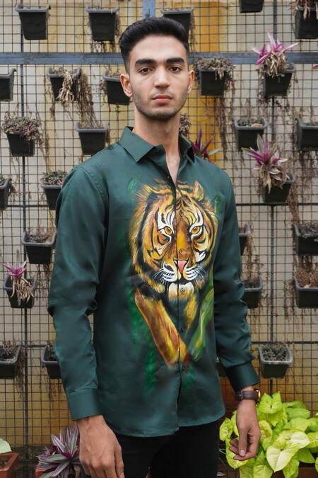 Avalipt_Green Cotton Blend Handpainted Tiger Motif Shirt_Online_at_Aza_Fashions