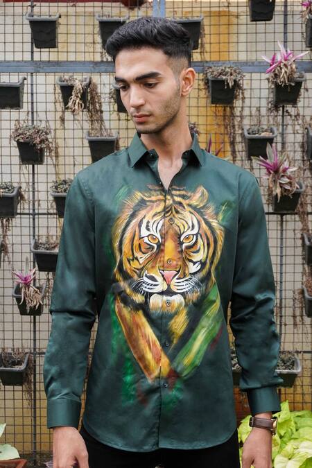 Shop_Avalipt_Green Cotton Blend Handpainted Tiger Motif Shirt_Online_at_Aza_Fashions