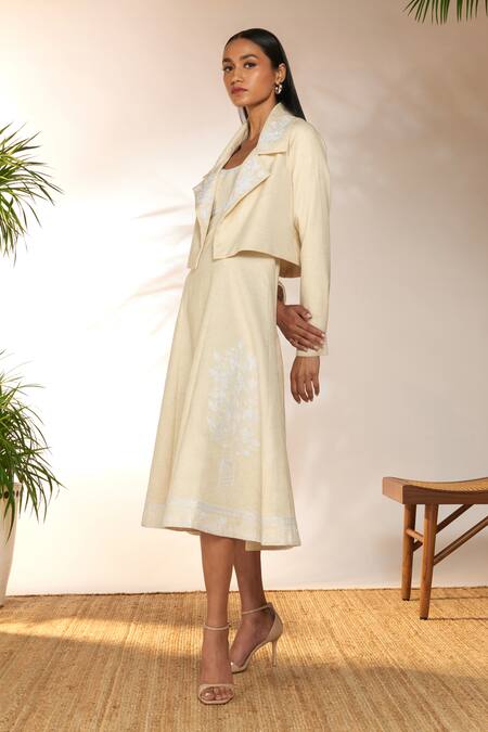 Shop Masaba Ivory Cotton, Linen Embroidery Open Neck Pomegranate Jacket at Aza Fashions Shop_Masaba_Ivory Cotton, Linen Embroidery Open Neck Pomegranate Jacket_at_Aza_Fashions