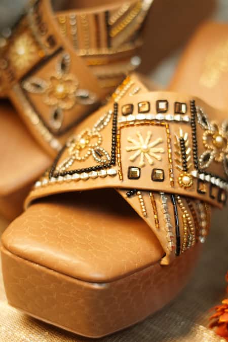 Sole Mates by Palak_Brown Embellished Heer Strap Wedges _Online_at_Aza_Fashions