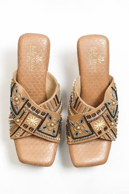 Buy_Sole Mates by Palak_Brown Embellished Heer Strap Wedges _Online_at_Aza_Fashions