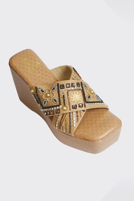 Shop_Sole Mates by Palak_Brown Embellished Heer Strap Wedges _Online_at_Aza_Fashions