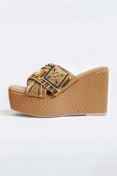 Sole Mates by Palak_Brown Embellished Heer Strap Wedges _at_Aza_Fashions