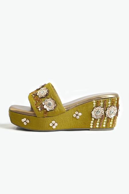Sole Mates by Palak_Green Beads, Sequins Mumtaz Embellished Wedges _Online_at_Aza_Fashions