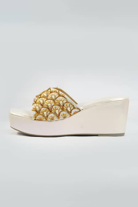 Sole Mates by Palak_White Beads, Sequins Nargis Scallop Embellished Wedges _Online_at_Aza_Fashions