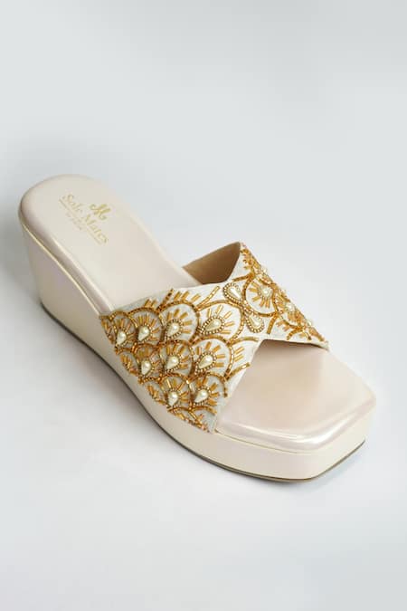 Buy_Sole Mates by Palak_White Beads, Sequins Nargis Scallop Embellished Wedges _Online_at_Aza_Fashions