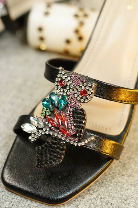 Sole Mates by Palak_Black Beads, Sequins Owl Embellished Pattern Strap Heels _Online_at_Aza_Fashions