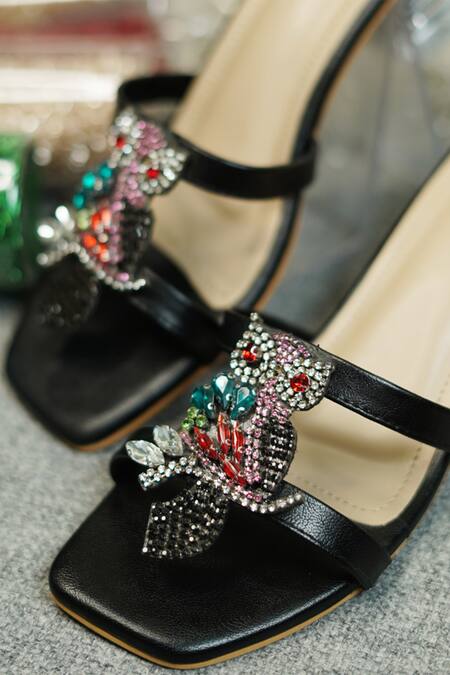 Buy_Sole Mates by Palak_Black Beads, Sequins Owl Embellished Pattern Strap Heels _Online_at_Aza_Fashions