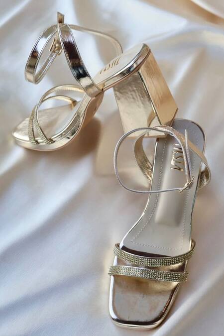 Shop Tiesta Gold Crystals, Rhinestones Lana Embellished Strap Block Heels at Aza Fashions Shop_Tiesta_Gold Crystals, Rhinestones Lana Embellished Strap Block Heels _at_Aza_Fashions