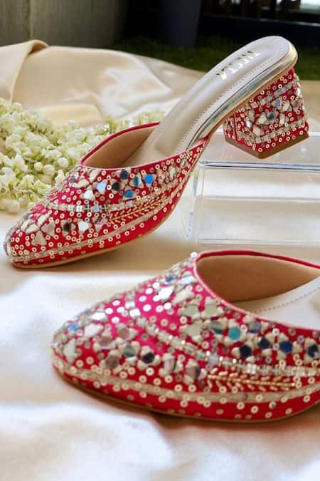 Shop Tiesta Pink Mirrors, Sequins, Embroidery Hot Block Heels at Aza Fashions Shop_Tiesta_Pink Mirrors, Sequins, Embroidery Hot Block Heels _at_Aza_Fashions