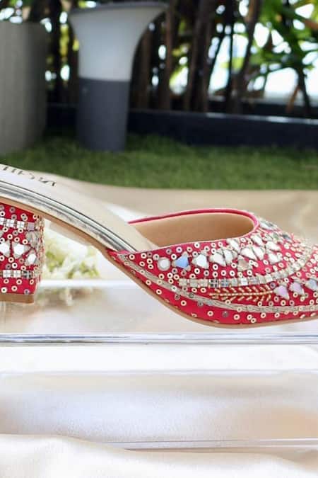 Tiesta Pink Mirrors, Sequins, Embroidery Hot Block Heels Online at Aza Fashions Tiesta_Pink Mirrors, Sequins, Embroidery Hot Block Heels _Online_at_Aza_Fashions