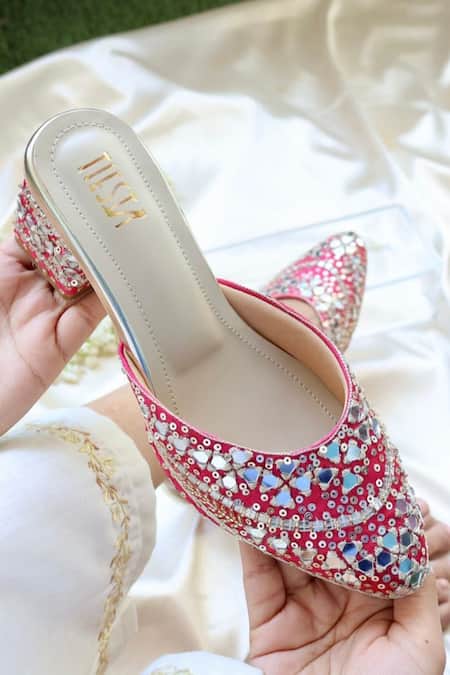 Buy Tiesta Pink Mirrors, Sequins, Embroidery Hot Block Heels Online at Aza Fashions Buy_Tiesta_Pink Mirrors, Sequins, Embroidery Hot Block Heels _Online_at_Aza_Fashions