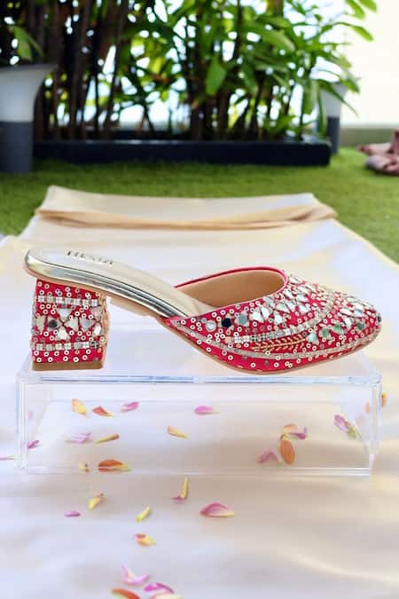 Shop Tiesta Pink Mirrors, Sequins, Embroidery Hot Block Heels Online at Aza Fashions Shop_Tiesta_Pink Mirrors, Sequins, Embroidery Hot Block Heels _Online_at_Aza_Fashions