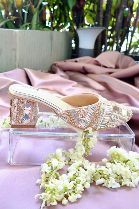 Shop_Tiesta_Pink Cut Work, Pearls, Beads Isla Embroidered Block Heels _at_Aza_Fashions