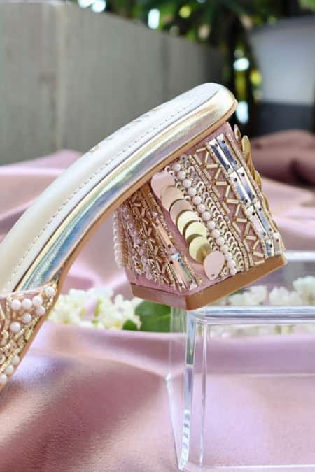 Tiesta_Pink Cut Work, Pearls, Beads Isla Embroidered Block Heels _Online_at_Aza_Fashions