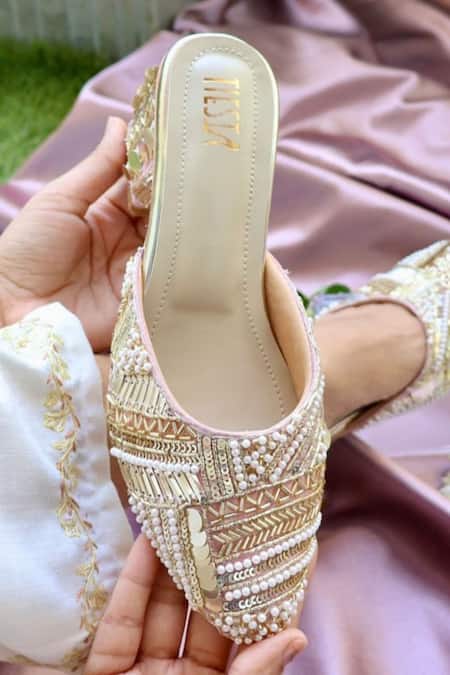 Buy_Tiesta_Pink Cut Work, Pearls, Beads Isla Embroidered Block Heels _Online_at_Aza_Fashions