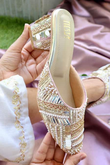 Shop_Tiesta_Pink Cut Work, Pearls, Beads Isla Embroidered Block Heels _Online_at_Aza_Fashions