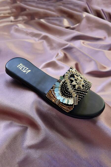Tiesta_Black Lana Sequin Embroidered Flats _Online_at_Aza_Fashions