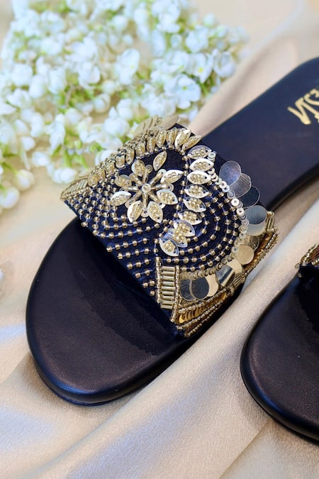 Buy_Tiesta_Black Lana Sequin Embroidered Flats _Online_at_Aza_Fashions
