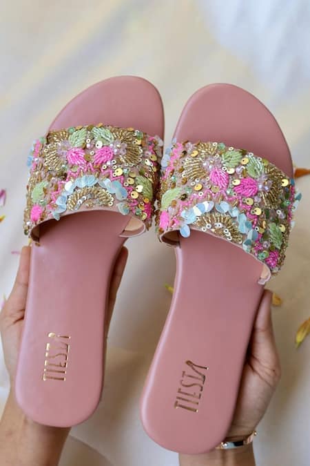 Shop_Tiesta_Pink Sugar Sequin Embroidered Flats _at_Aza_Fashions