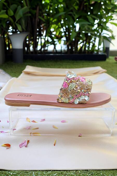 Tiesta_Pink Sugar Sequin Embroidered Flats _Online_at_Aza_Fashions