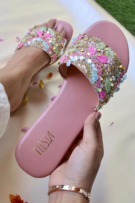Shop_Tiesta_Pink Sugar Sequin Embroidered Flats _Online_at_Aza_Fashions
