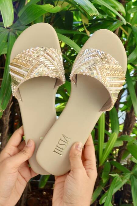 Shop_Tiesta_Gold Starstruck Sequin Embroidered Flats _at_Aza_Fashions