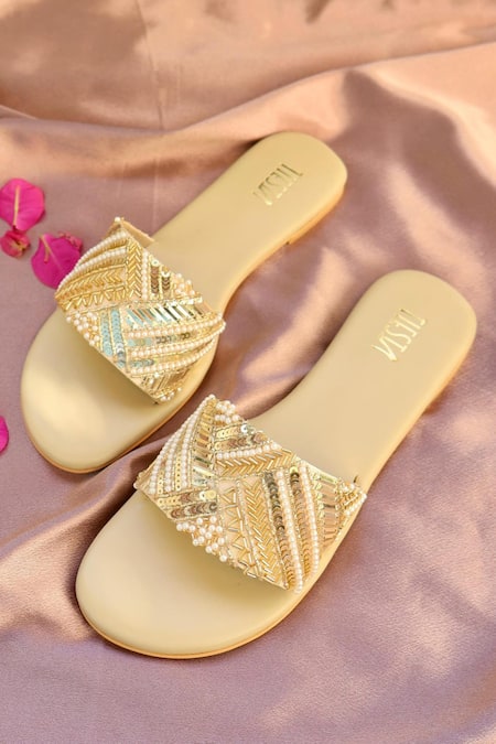 Tiesta_Gold Starstruck Sequin Embroidered Flats _Online_at_Aza_Fashions