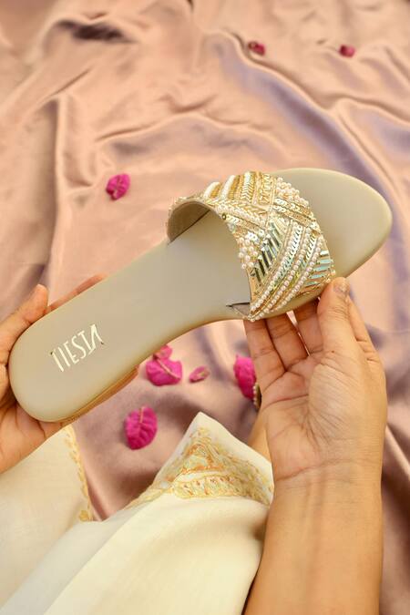 Buy_Tiesta_Gold Starstruck Sequin Embroidered Flats _Online_at_Aza_Fashions