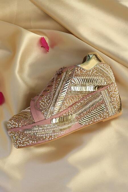 Buy Tiesta Pink Poppy Embroidered Bridal Sneaker Platform Wedges Online at Aza Fashions Buy_Tiesta_Pink Poppy Embroidered Bridal Sneaker Platform Wedges _Online_at_Aza_Fashions